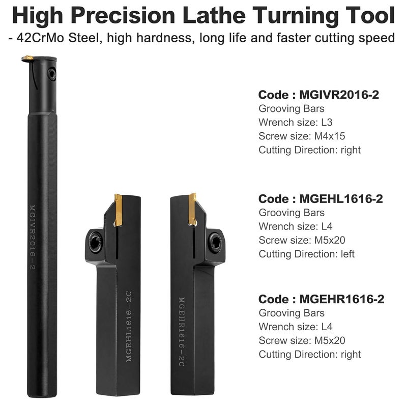 IWONGO Lathe Grooving Tool Set - 3PCS 5/8" Grooving Holder Turning Holder with 10pcs Indexable Carbide Inserts MGMN200 for Metal Lathe Cutting Tools - Image 5